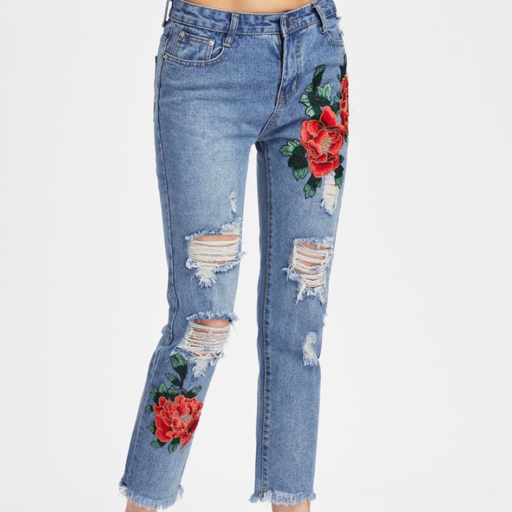 Distress Denim With Floral Appliques